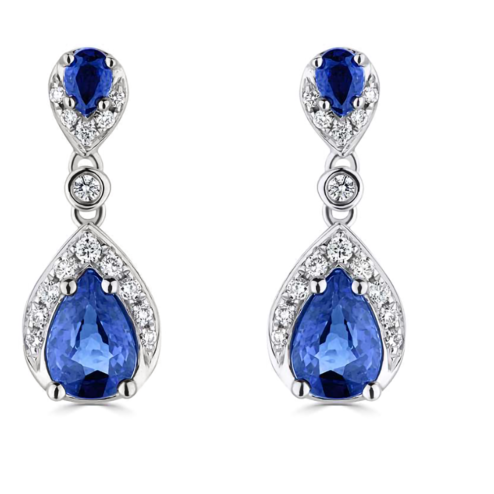 1.35ct Diamond And Blue Sapphire Pear Drop Earrings. set in White Gold