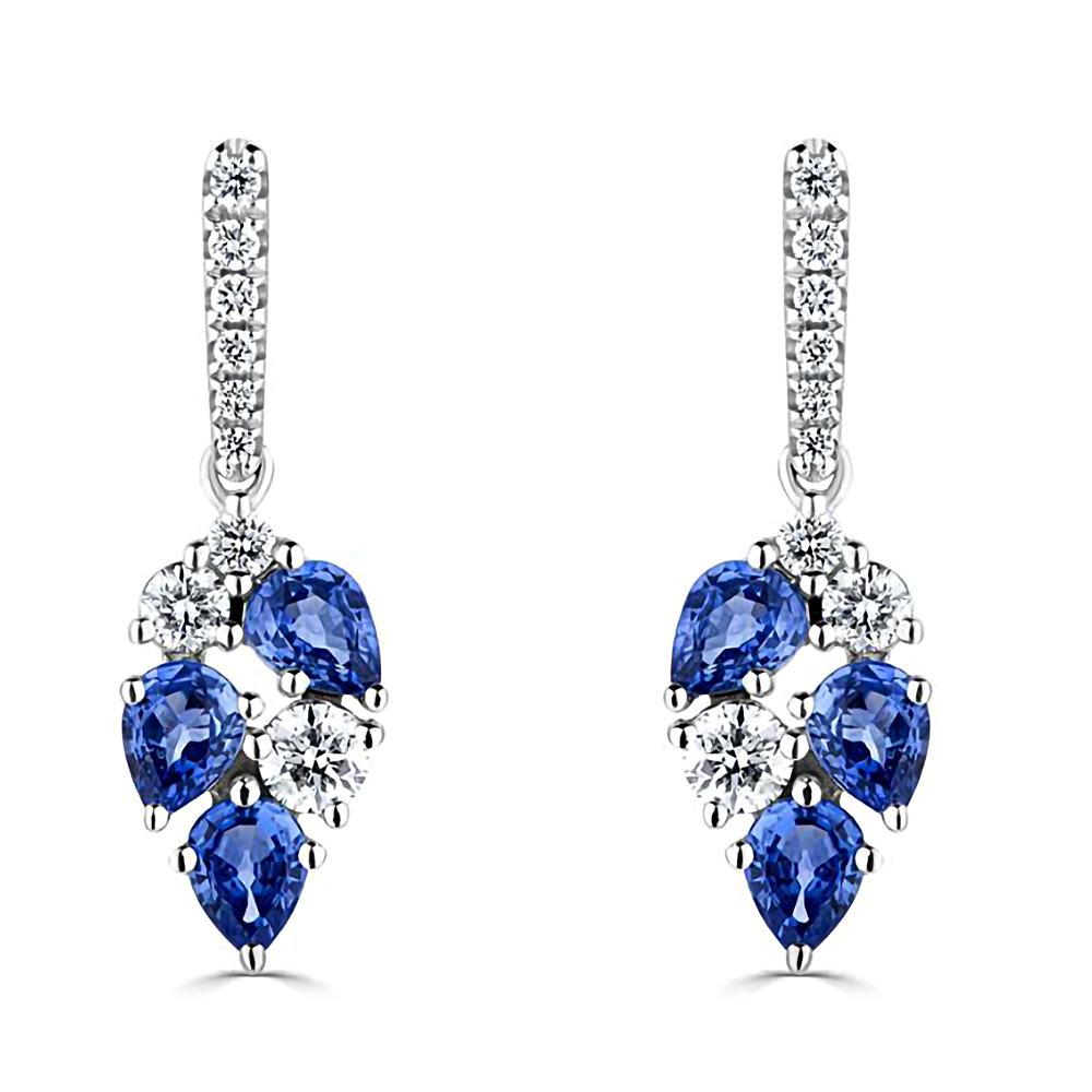 1.60ct Diamond And Blue Sapphire Scatter Pear Drop Earrings. set in White Gold