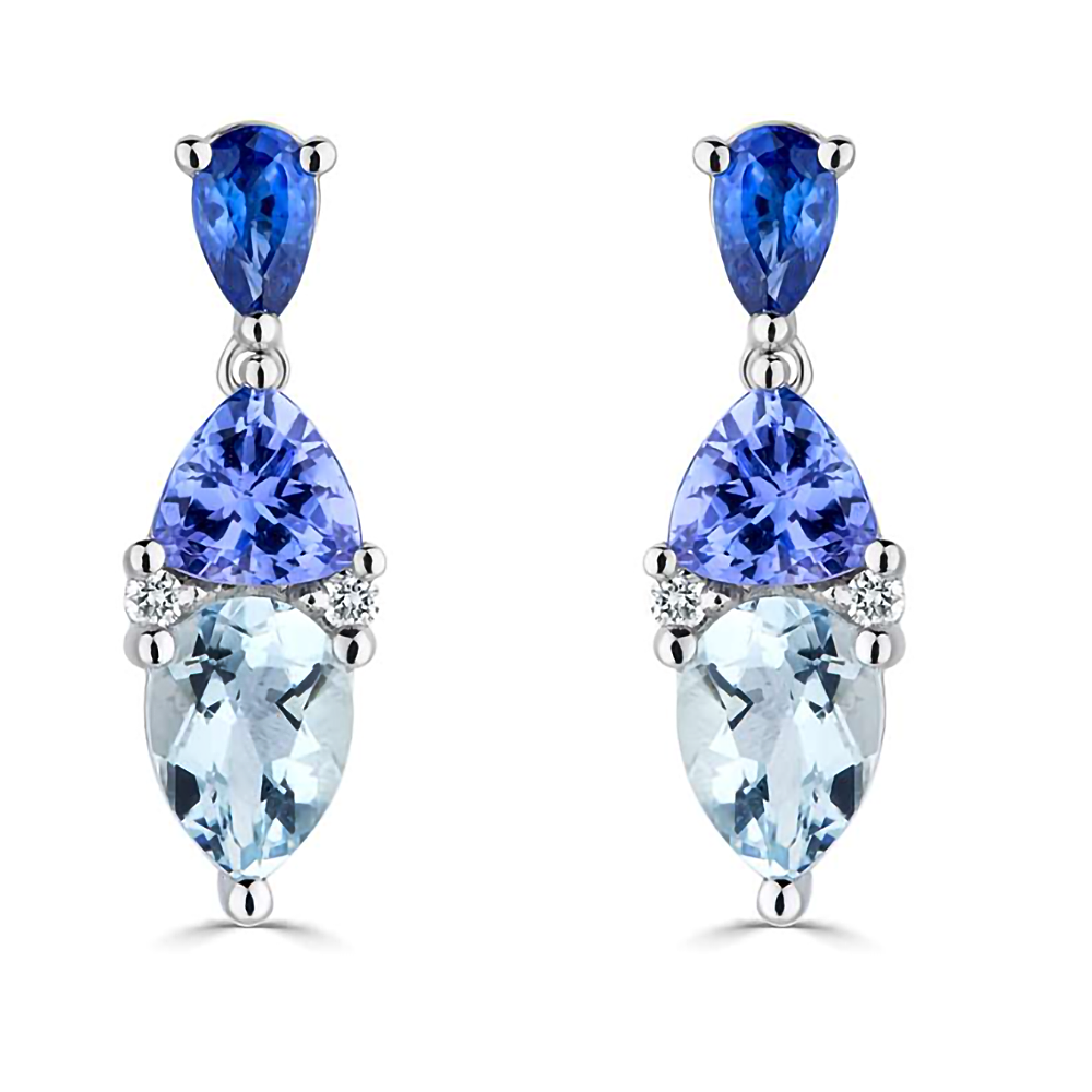 3.30ct Blue Sapphire, Tanzanite & Aquamarine Tonal Blue Pear Drop Earrings. W