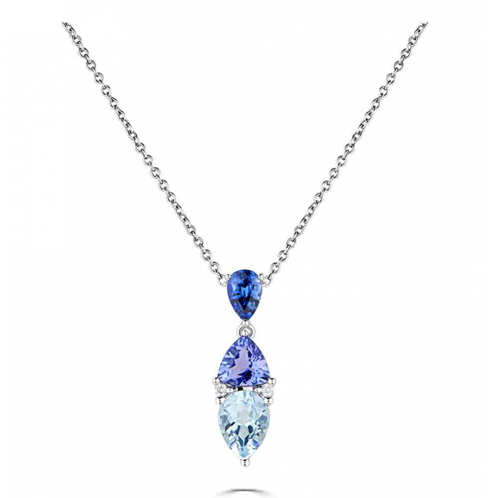 2.30ct Blue Sapphire, Tanzanite & Aquamarine Tonal Blue Pear Drop Necklace set in White Gold