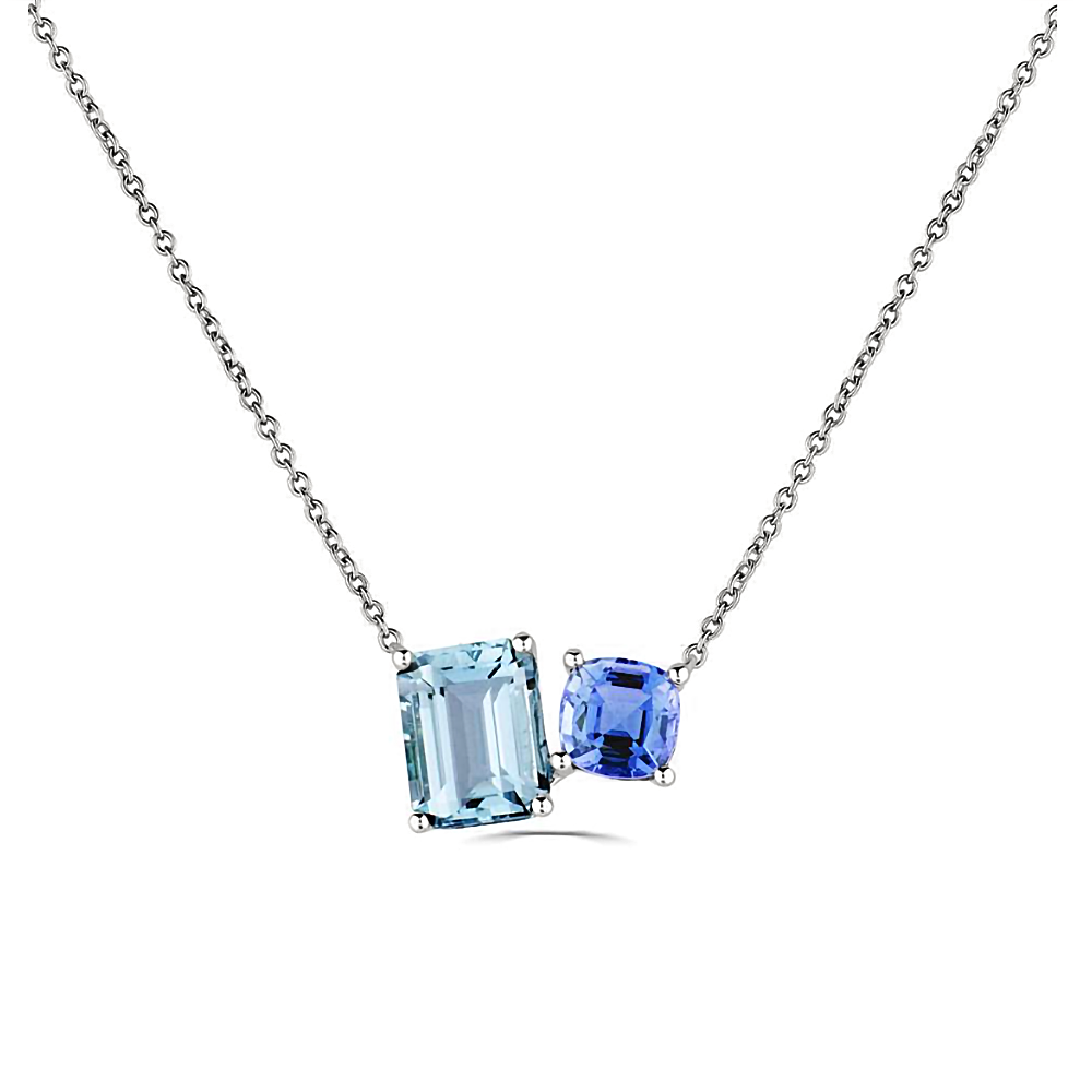 3.05ct Emerald/Cushion Aqaumarine & Tanzanite Necklace set in White Gold