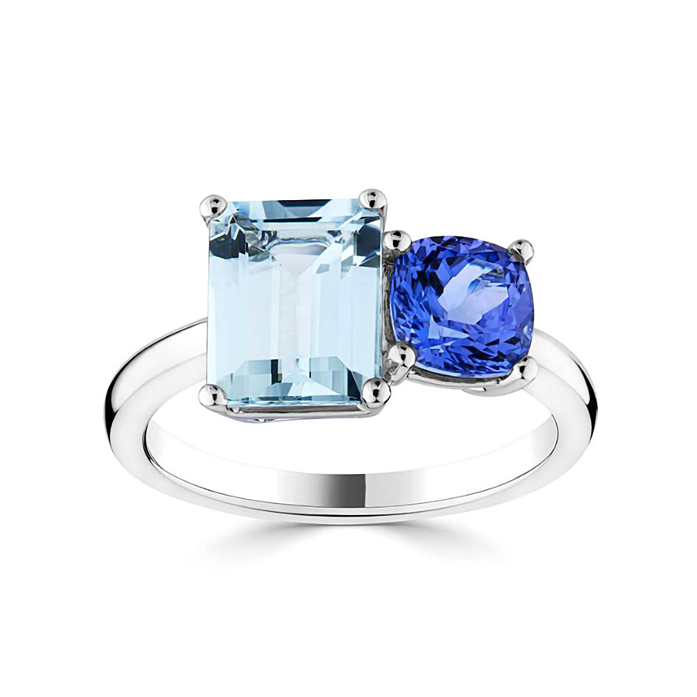 2.00ct Emerald/Cushion Aquamarine & Tanzanite Ring W