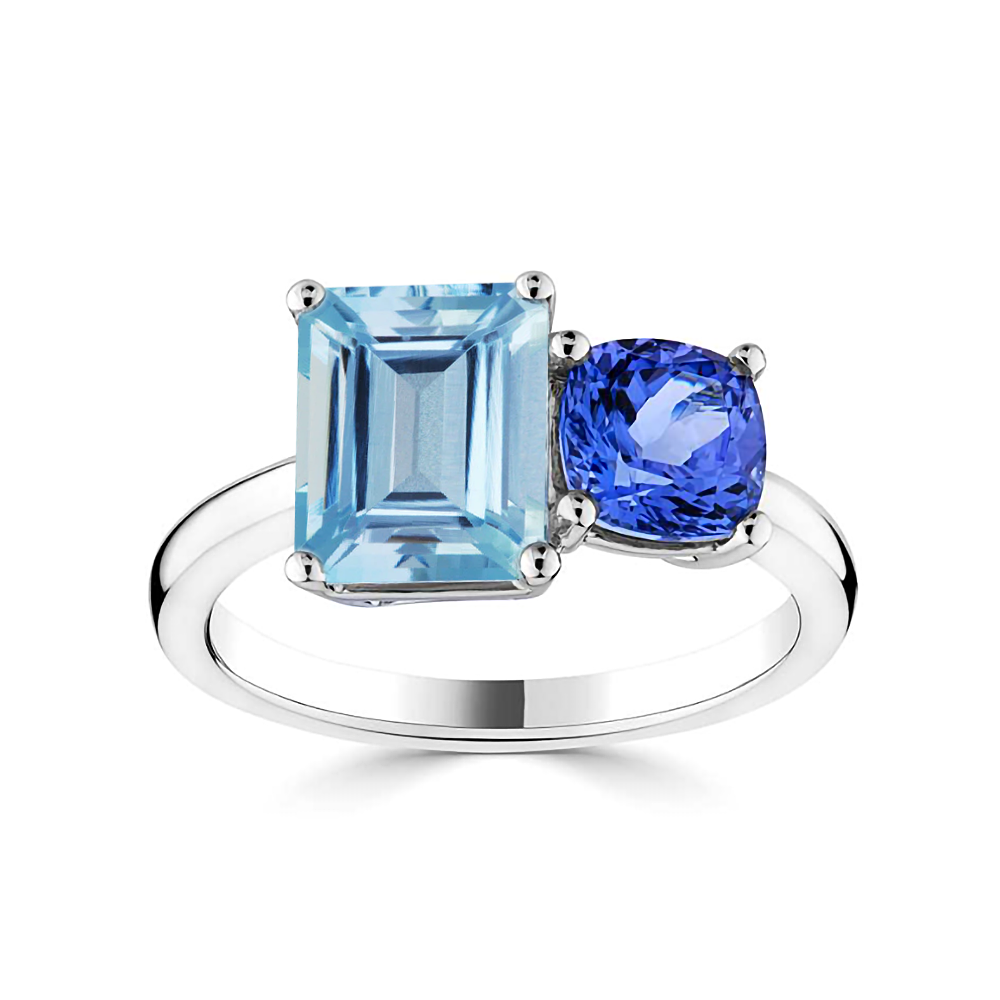 2.00ct Emerald/Cushion Aquamarine & Tanzanite Ring W