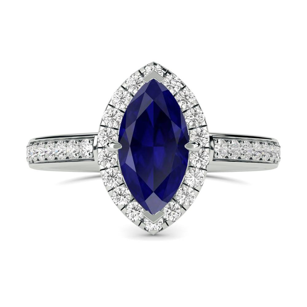 Blue Sapphire Marquise Shaped Diamond Single Halo Shoulder Set Ring Image