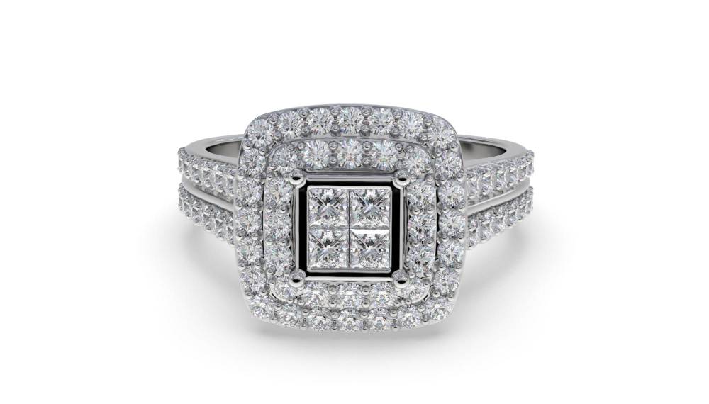 Double Halo Round Diamond Cluster Shoulder Set Ring W