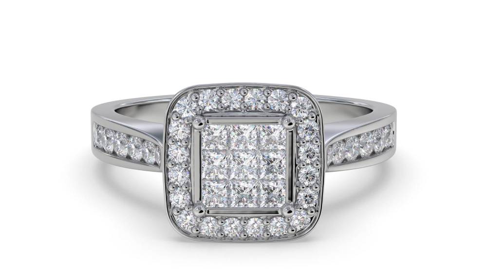 Single Halo Diamond Cluster Shoulder Set Ring set in White Gold