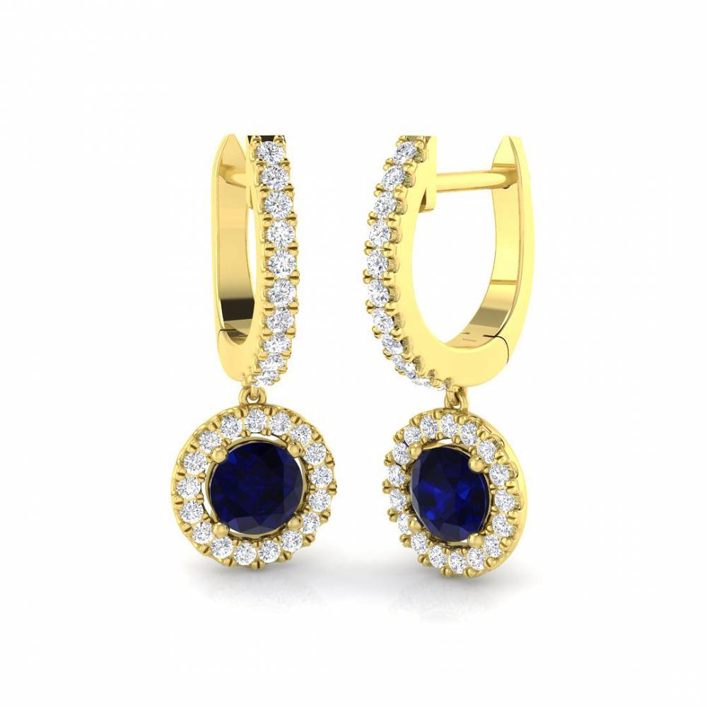Round Blue Sapphire and Round Diamond Halo Drop Earrings Image