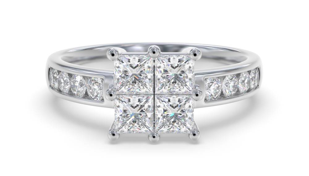 1.00ct Elegant Round/Princess Diamond Cluster Ring set in White Gold