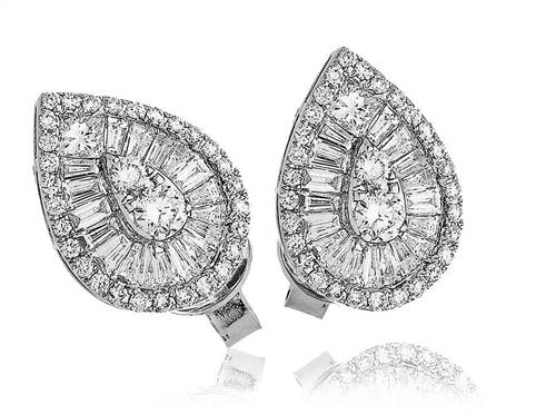 Teardrop Round & Baguette Diamond Cluster Earrings P