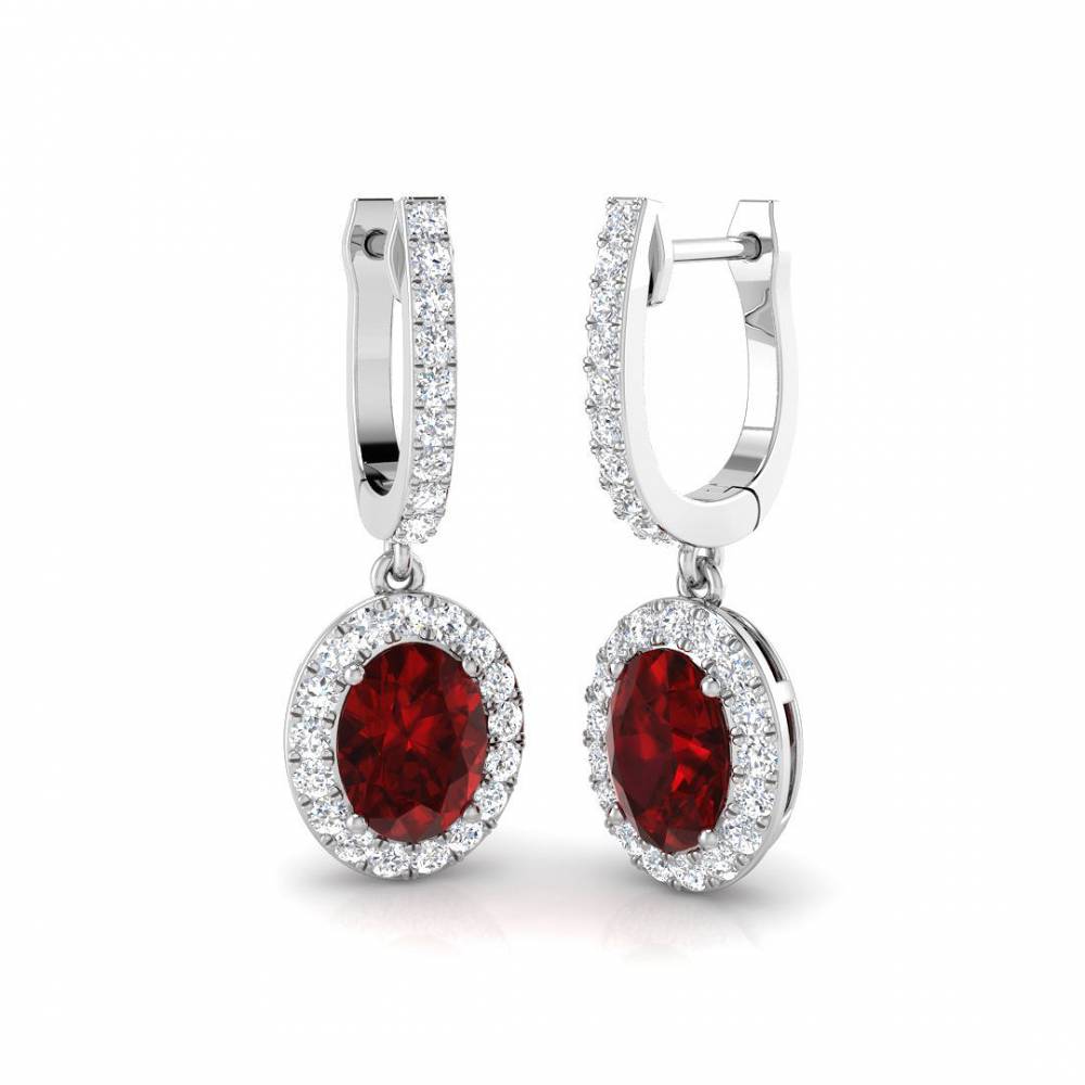 Oval Ruby Gemstone with Round Diamond Halo Drop Earrings Image