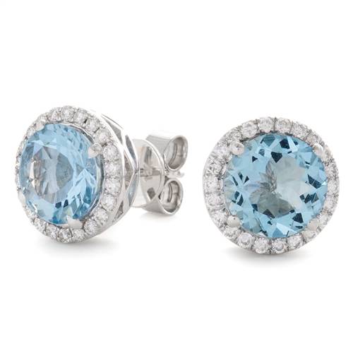 Round Shaped Aquamarine & Diamond Cluster Earrings P