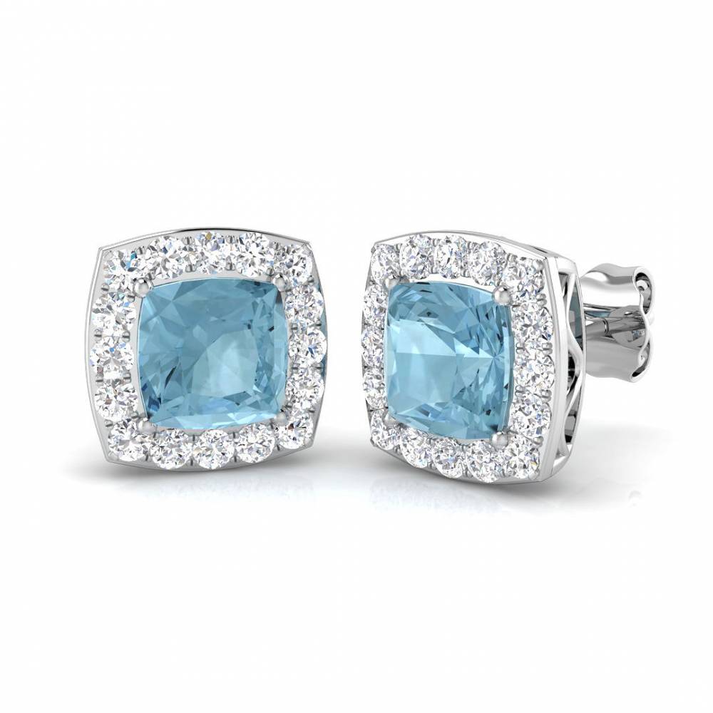 Cushion Aquamarine and Round Diamond Halo Earrings Image