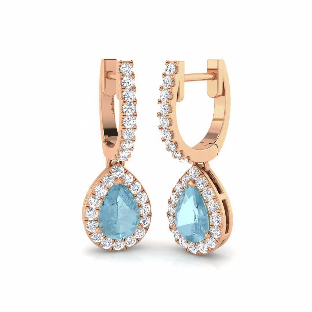 Pear Aquamarine and Round Diamond Halo Drop Earrings R