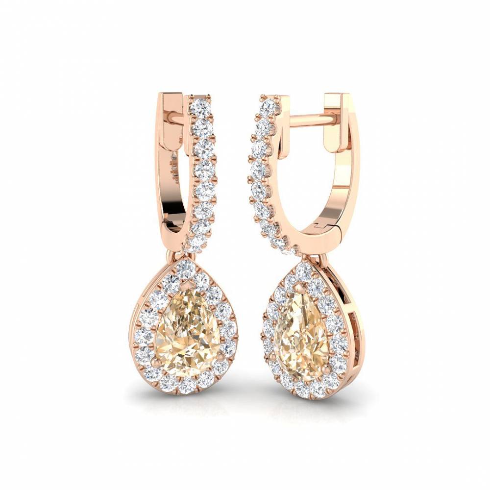 Pear Morganite and Round Diamond Halo Drop Earrings R