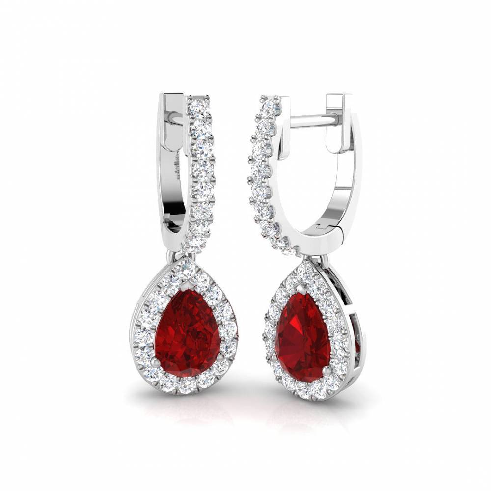 Pear Ruby Gemstone and Round Diamond Halo Drop Earrings W