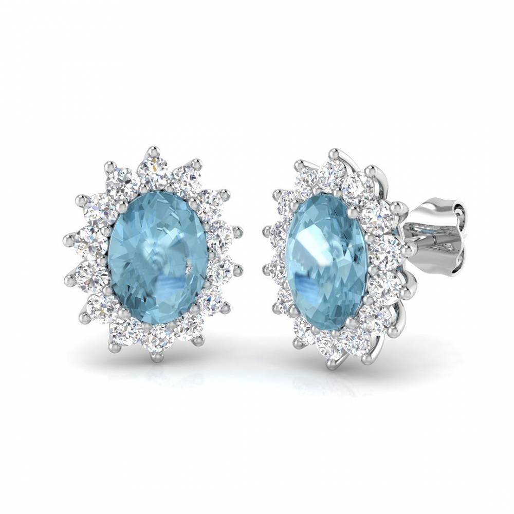 Oval Aquamarine and Round Diamond Halo Earrings P