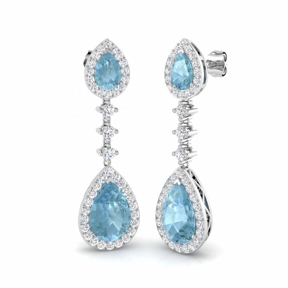 Pear Aquamarine and Round Diamond Halo Drop Earrings Image