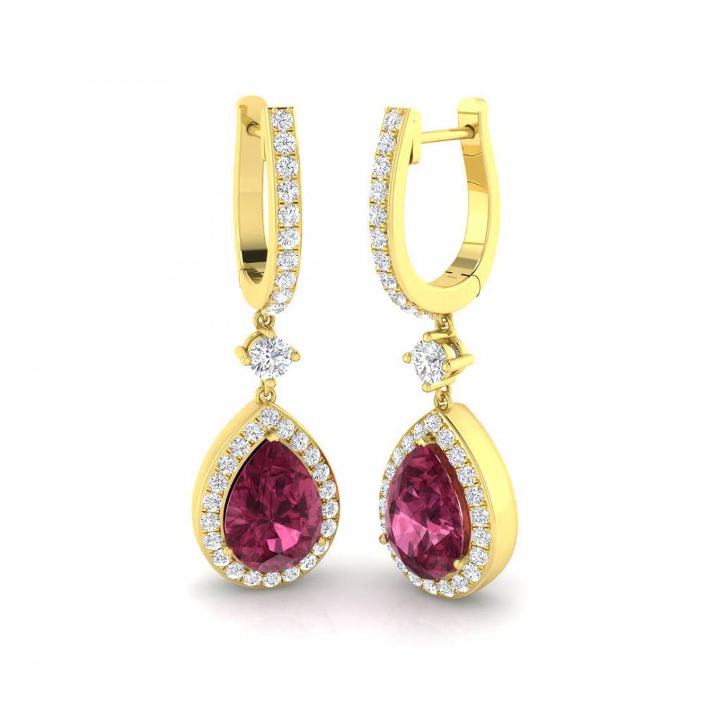 Pear Tourmaline Gemstone and Round Diamond Halo Drop Earrings Image