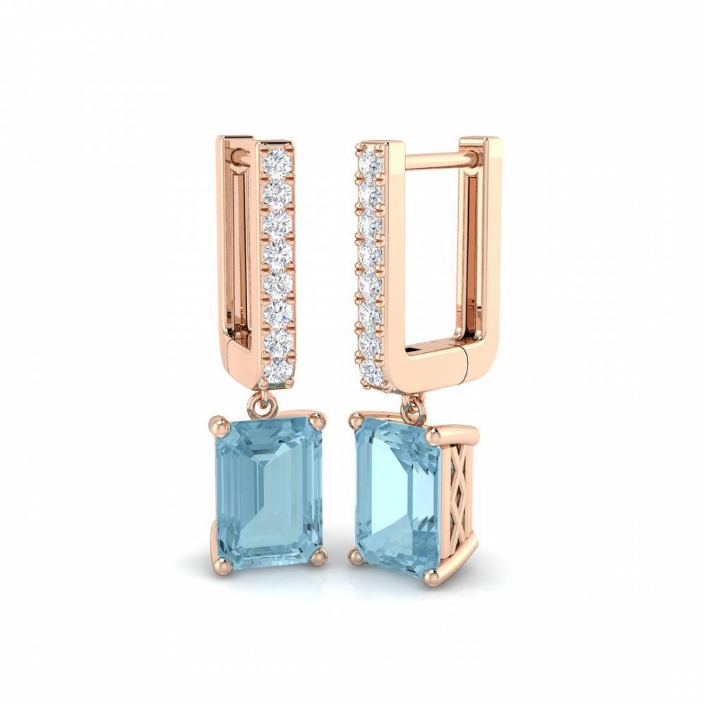 Aquamarine Emerald and Round Diamond Drop Earrings R