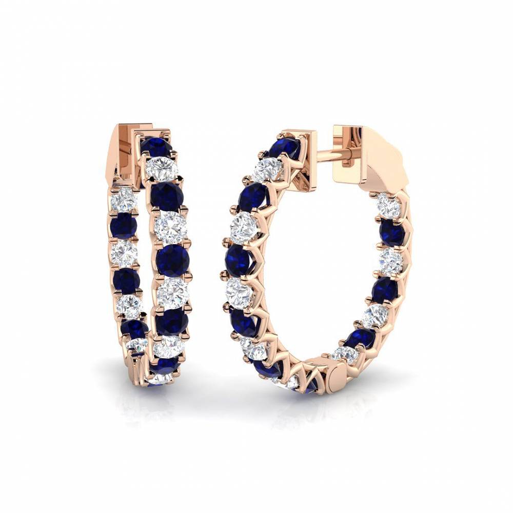 Round Blue Sapphire Gemstone and Diamond Hoop Earrings Image