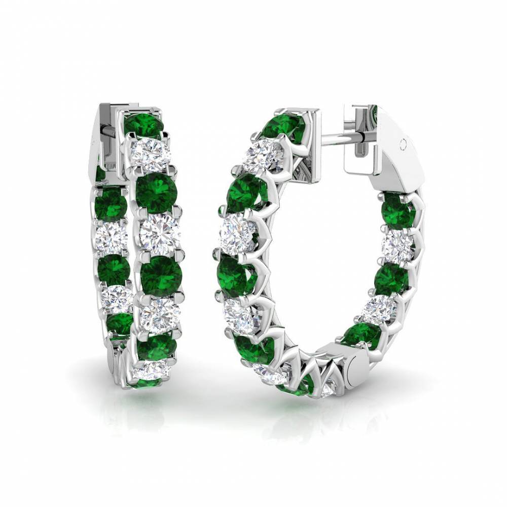 Round Emerald Gemstone and Diamond Hoop Earrings Image