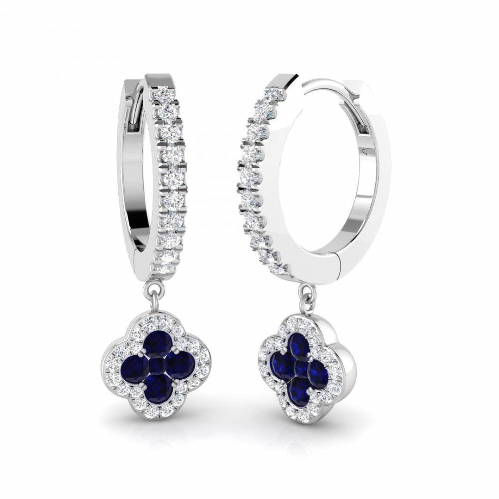 Round Blue Sapphire Gemstone and Diamond Hoop Earrings W