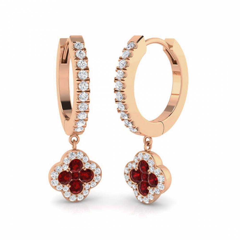 Round Ruby Gemstone and Diamond Hoop Earrings Image