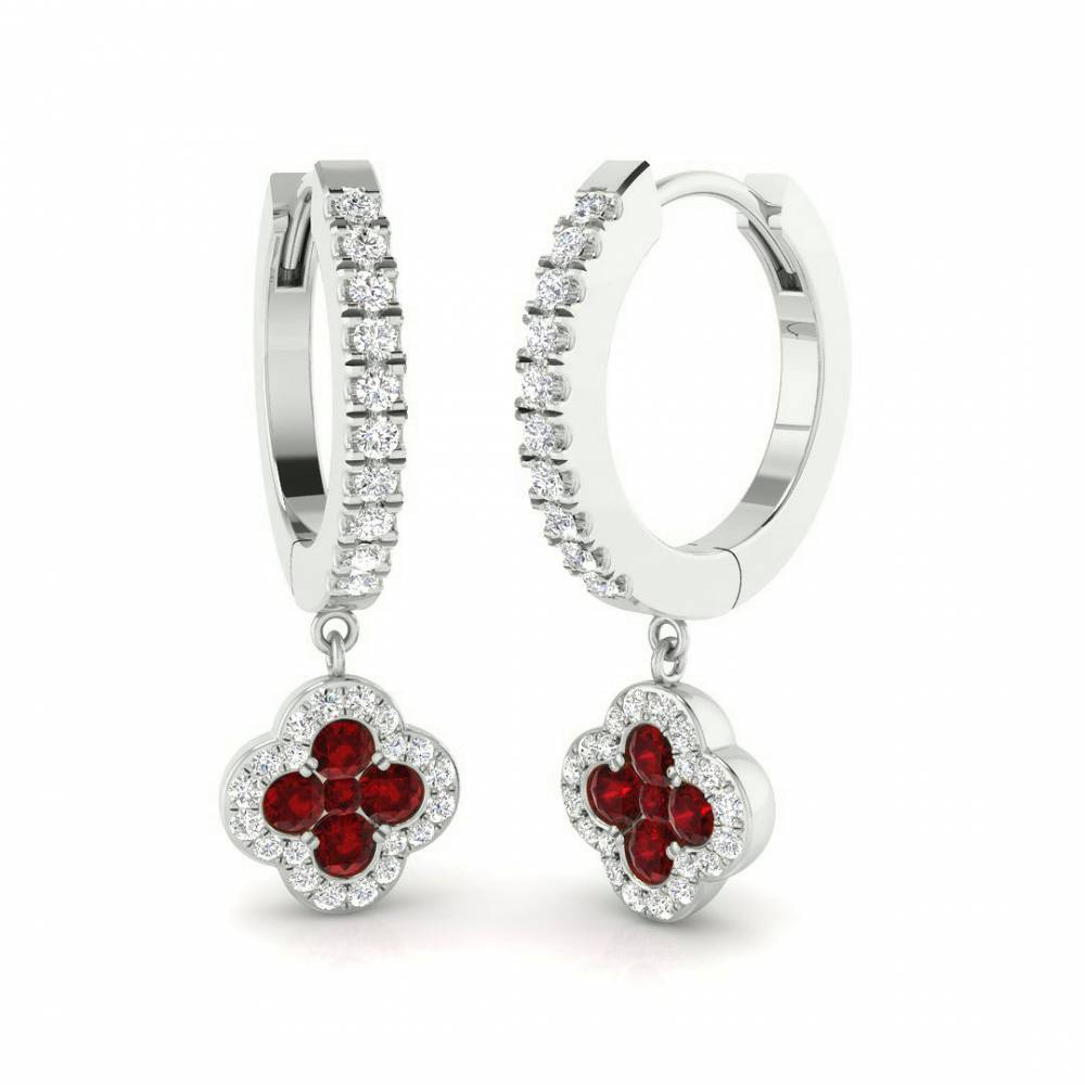 Round Ruby Gemstone and Diamond Hoop Earrings W