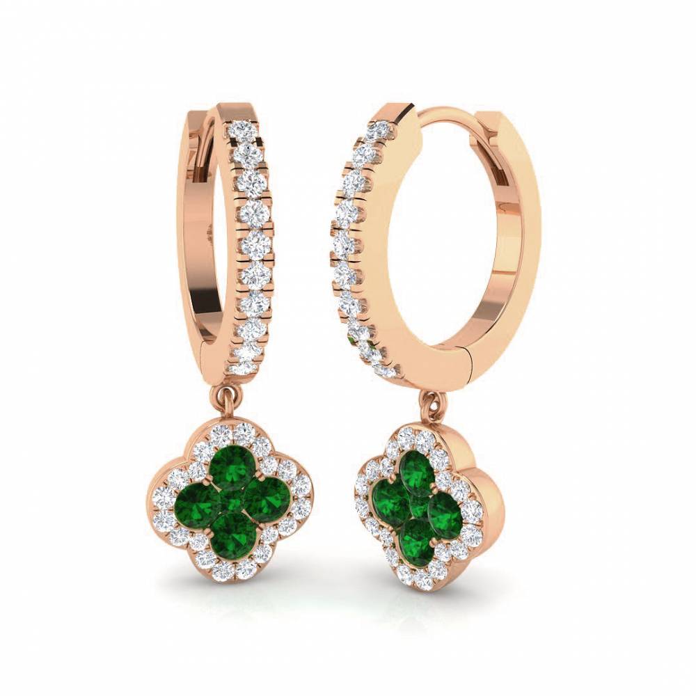 Round Green Emerald Gemstone and Round Diamond Halo Earrings Image