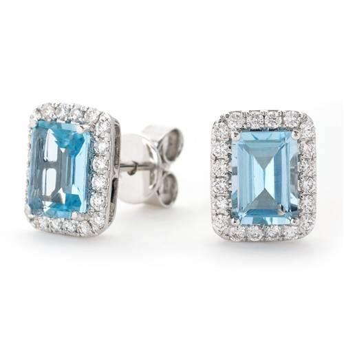 Emerald Shaped Aquamarine & Diamond Cluster Earrings P
