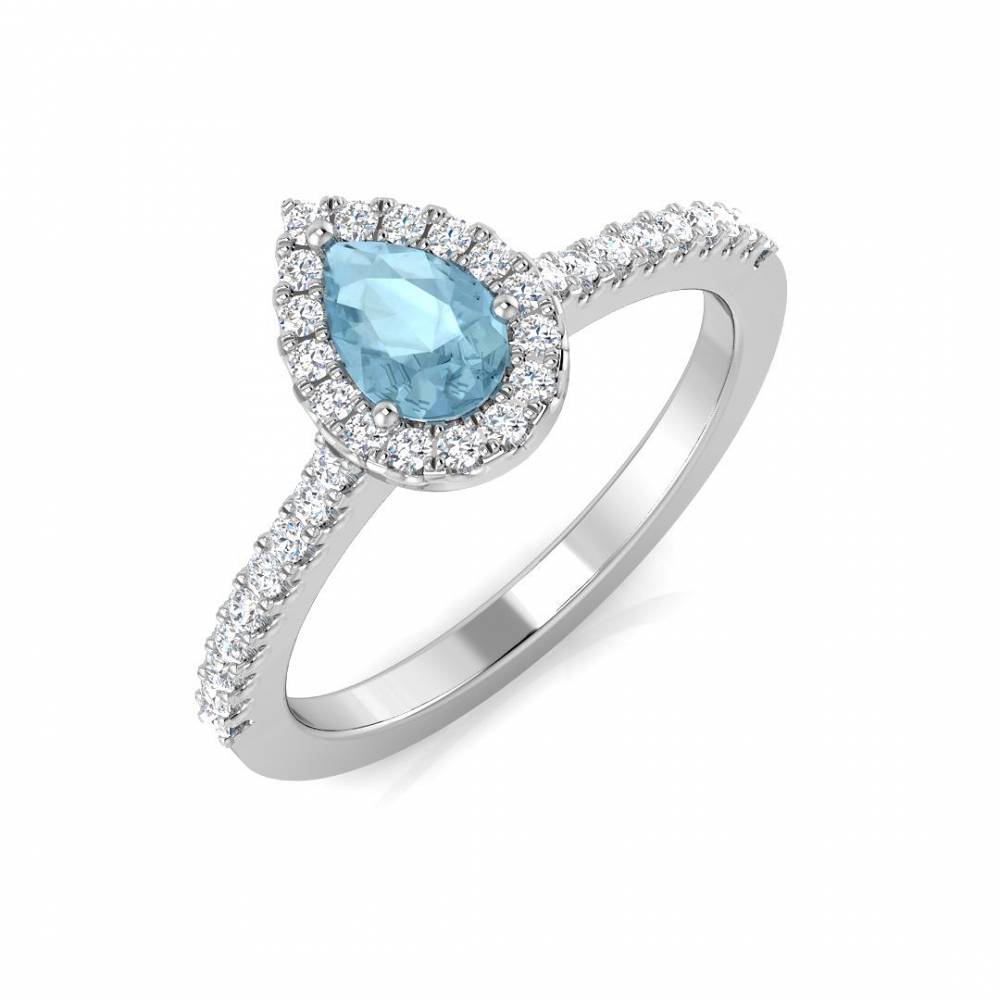 Pear Aquamarine and Round diamond Halo Shoulder Set Ring W