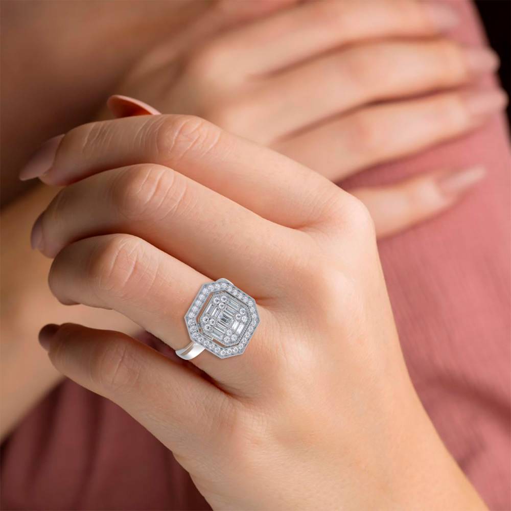 0.90ct Modern Round And Baguette Diamond Cluster Ring set in White Gold