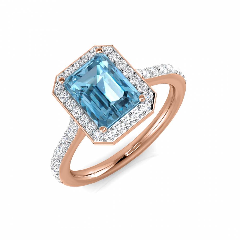Blue Topaz Emerald and Round Diamond Halo Shoulder Set Ring Image