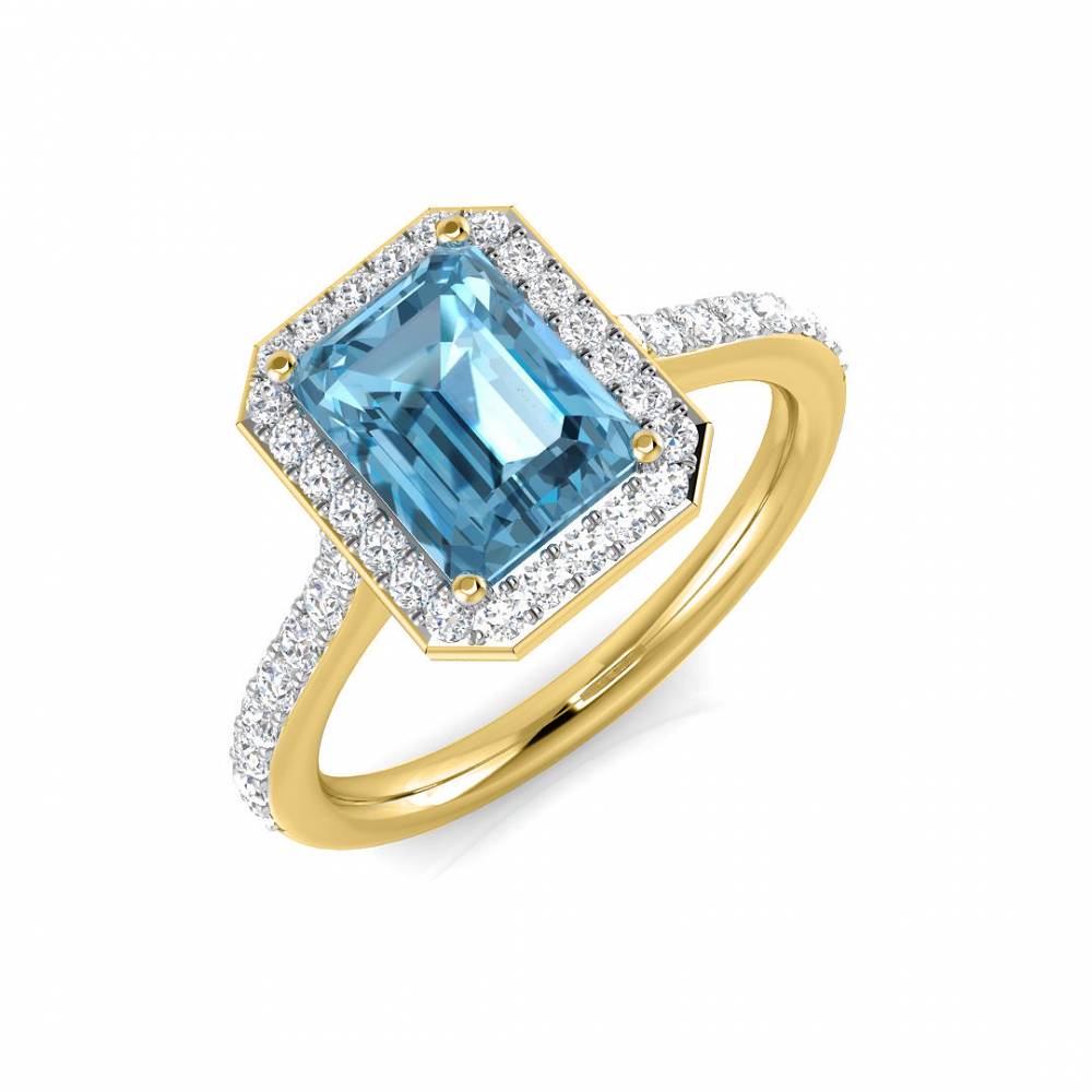 Blue Topaz Emerald and Round Diamond Halo Shoulder Set Ring Image