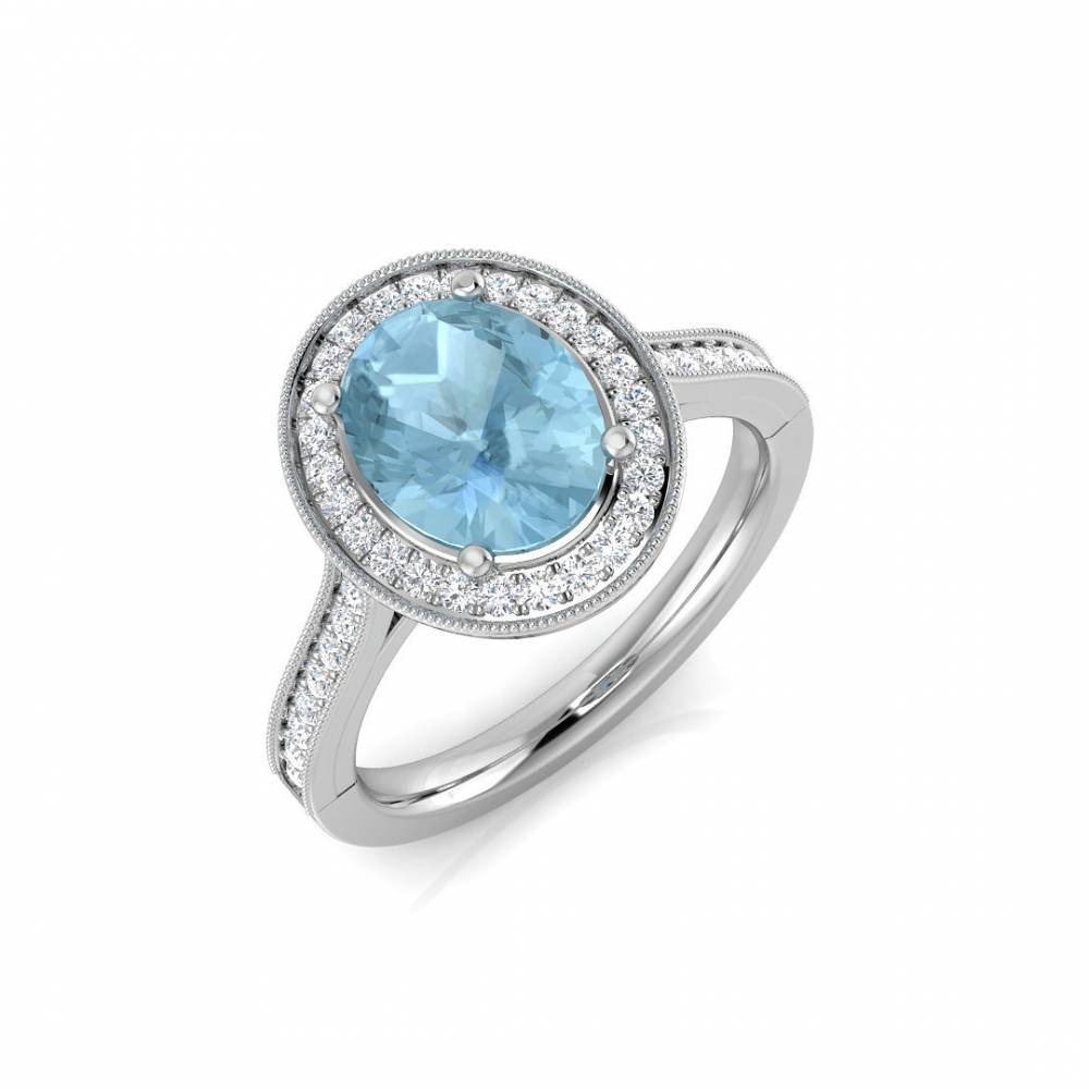 Oval Aquamarine and Round Diamond Halo Shoulder Set Ring W