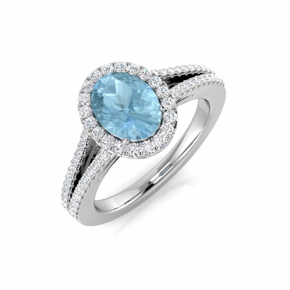 Oval Aquamarine and Round Diamond Split Shoulder Set Ring W