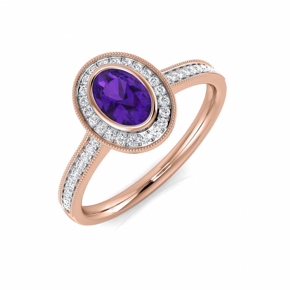Oval Amethyst Gemstone and Round Diamond Halo Set Ring Image