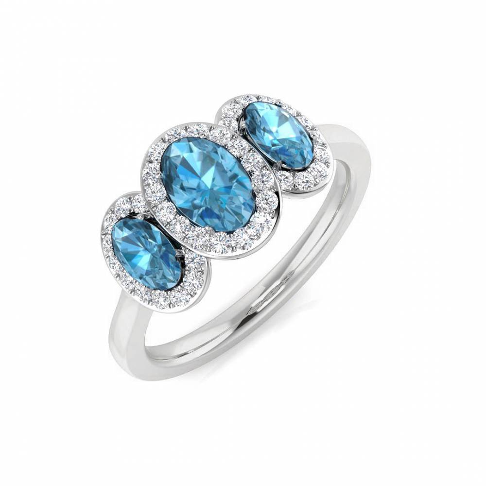Blue Topaz Ovals and Round Diamond Set Halo Ring Image
