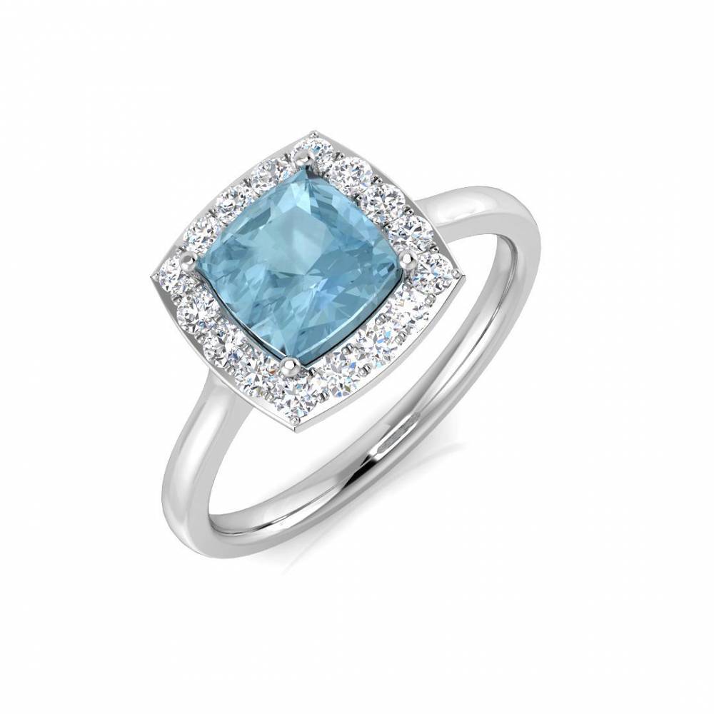 Cushion Aquamarine and Round Diamond Halo Ring W