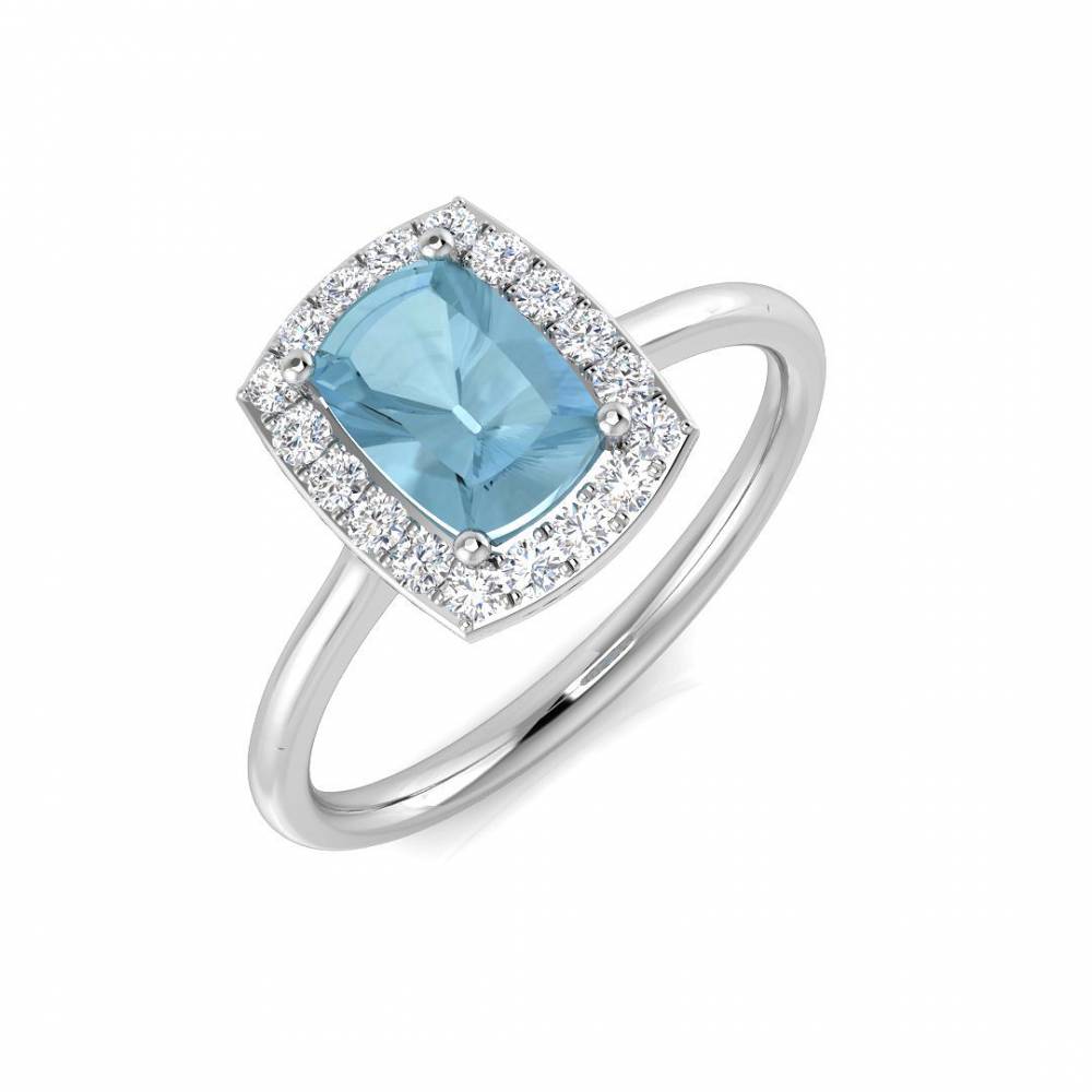 Cushion Aquamarine and Round Diamond Halo Ring W