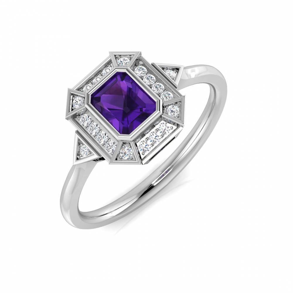 Emerald Cut Amethyst and Round Diamond Halo Ring W