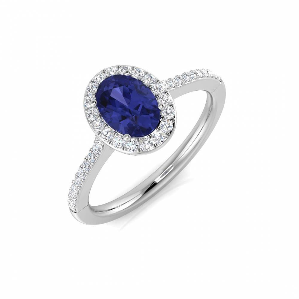 1.00ct VS/EF Oval Blue Tanzanite and Round Diamond set Halo shoulder set ring W