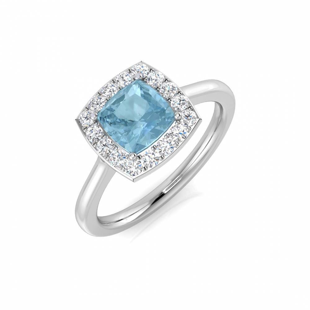 Cushion Aquamarine and Round Diamond Halo Ring W