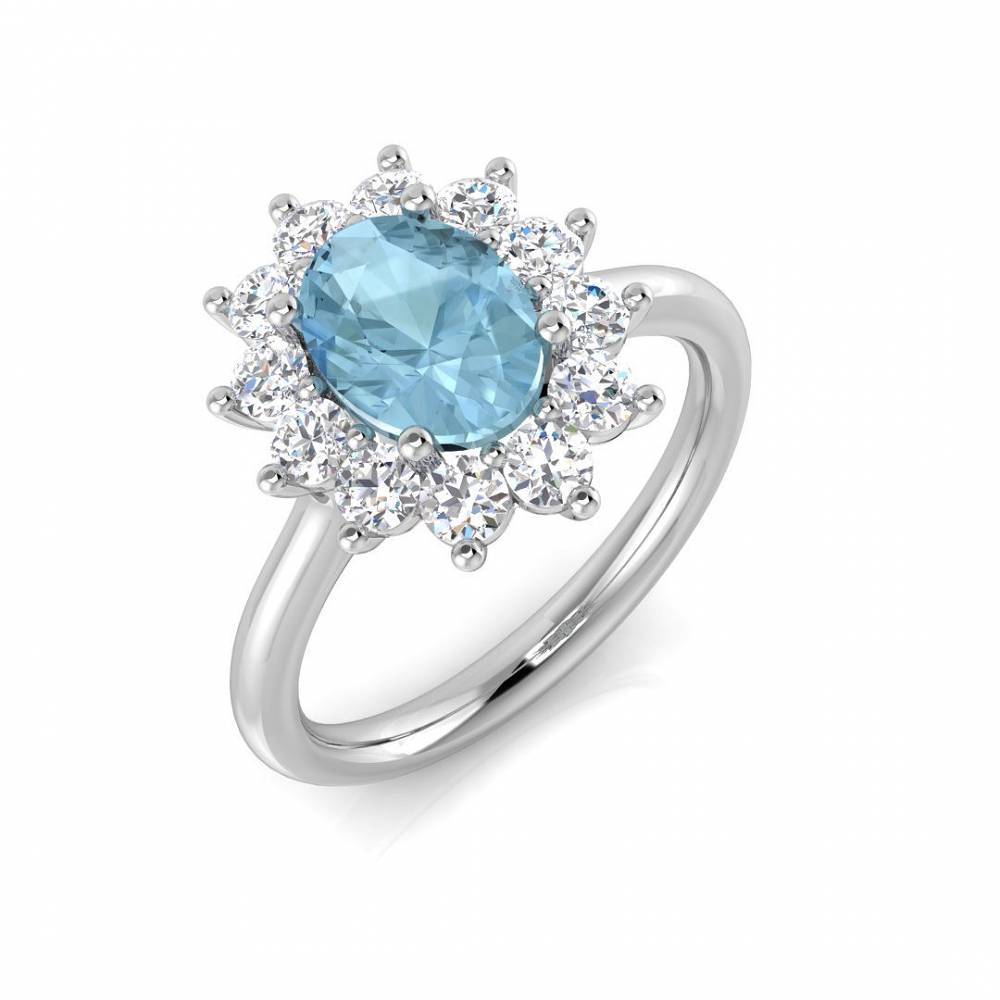 Oval Aquamarine and Round Diamond Halo Ring W