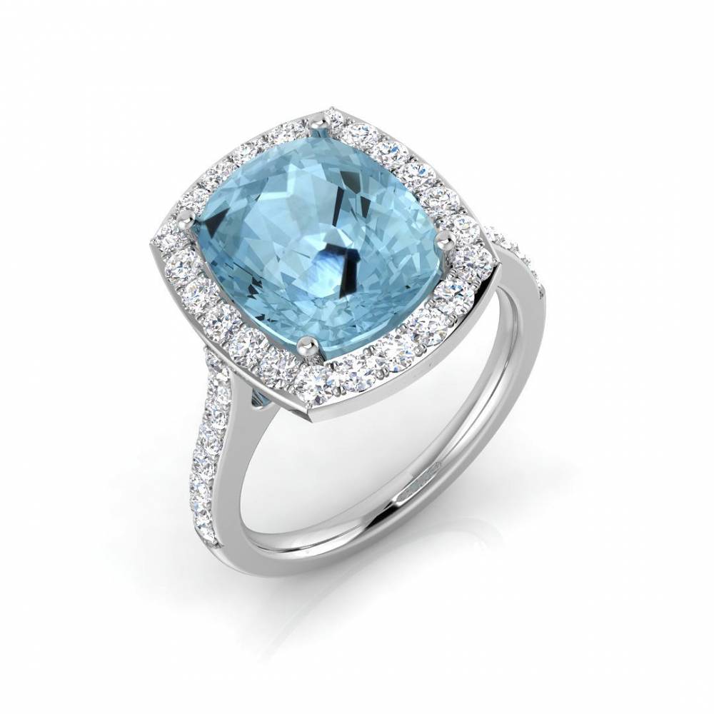 Cushion Aquamarine and Round Diamond Halo Shoulder Set Ring W