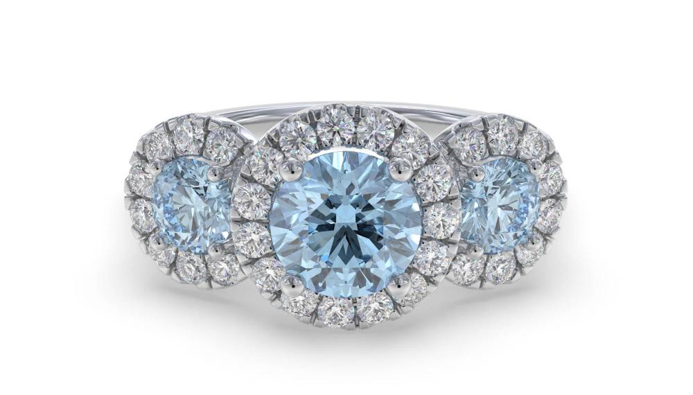 Round Aquamarine and Round Diamond Halo Trilogy Ring W