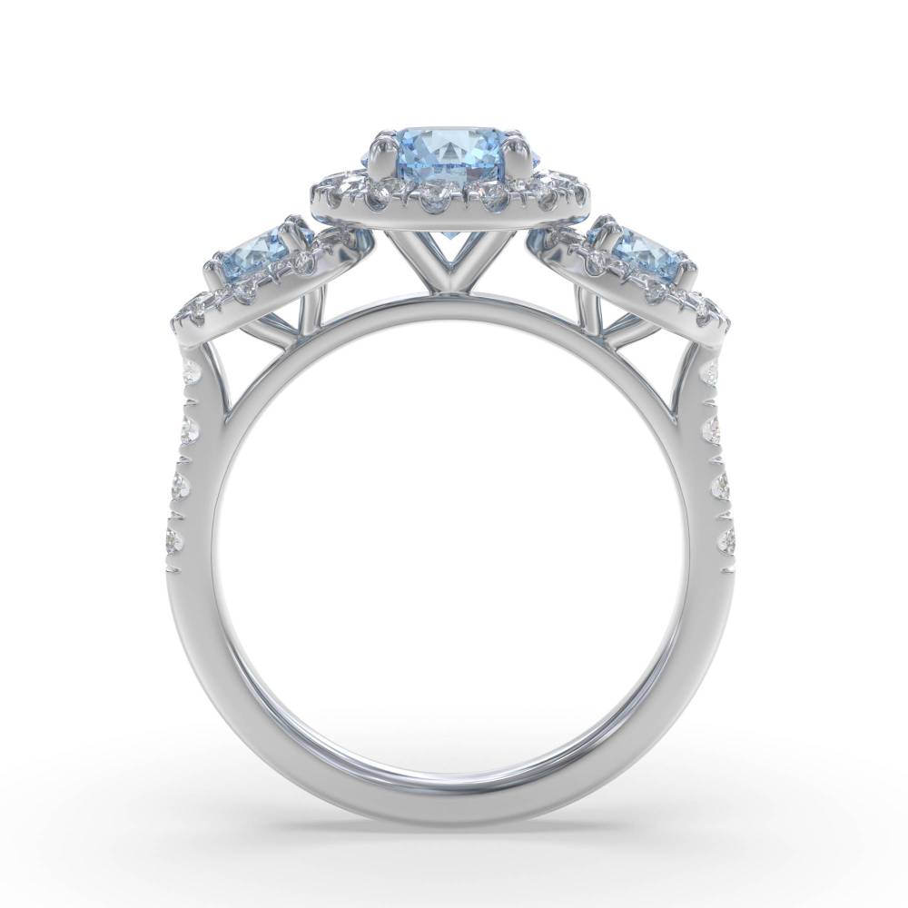 Round Aquamarine and Round Diamond Halo Trilogy Ring W