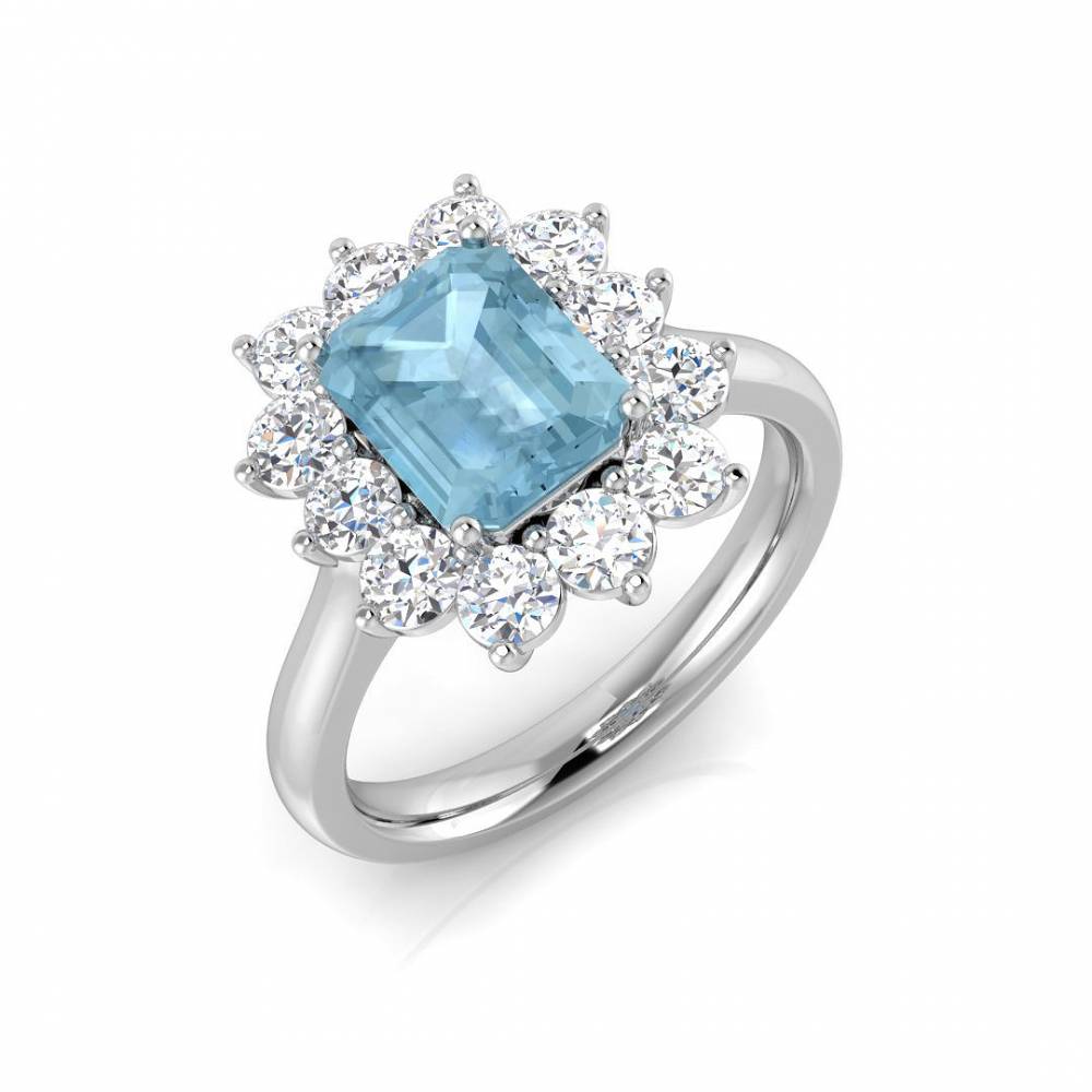 Emerald Aquamarine and Round Diamond Halo Ring set in White Gold