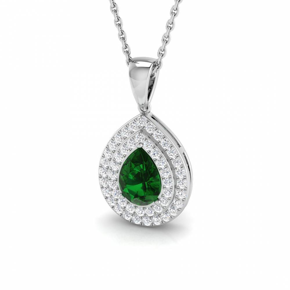 Emerald & Diamond Halo Pendant set in White Gold