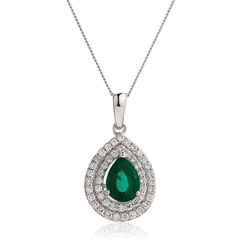 0.70ct EF/VS Pear Emerald Gemstone and Round Diamond Halo Pendant W